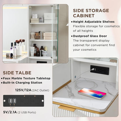 Fluted Makeup Vanity Desk with 36" HD Lighted Mirror, 48" Big Modern Vanity Desk with Mirror and Lights, Dressing Table with 5 Drawers & Shelves, Glass Top for Bedroom (Off White)