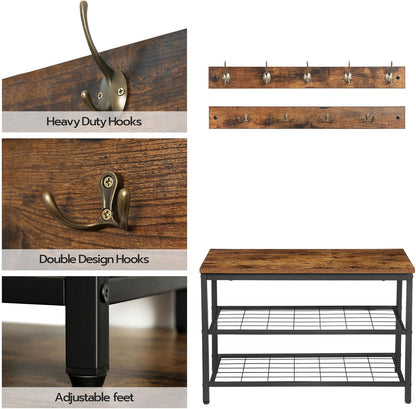 Hall Tree with Bench, Coat Rack Shoe Bench Set, Entryway Shoe Rack with Coat Hooks, Hall Tree Coat Rack, Mud Room, Industrial, for Foyer, Front Door, Rustic Brown BF07MT01