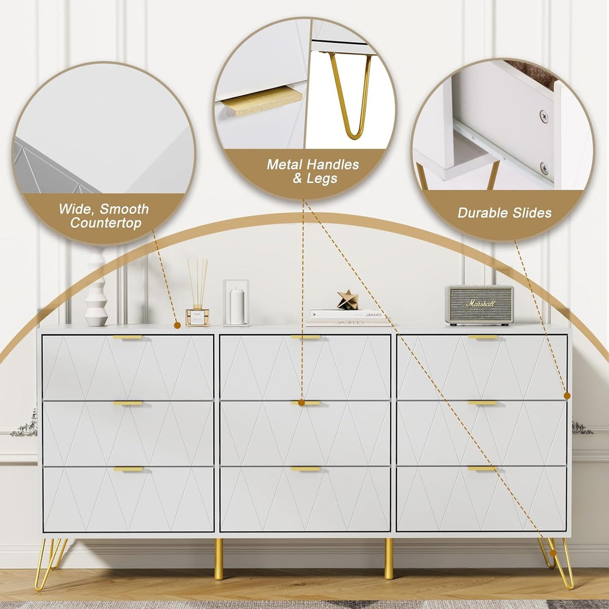 Modern Nightstands and 9 Drawer Dresser Sets Bedside Table Set Bedroom Set 3-Piece White