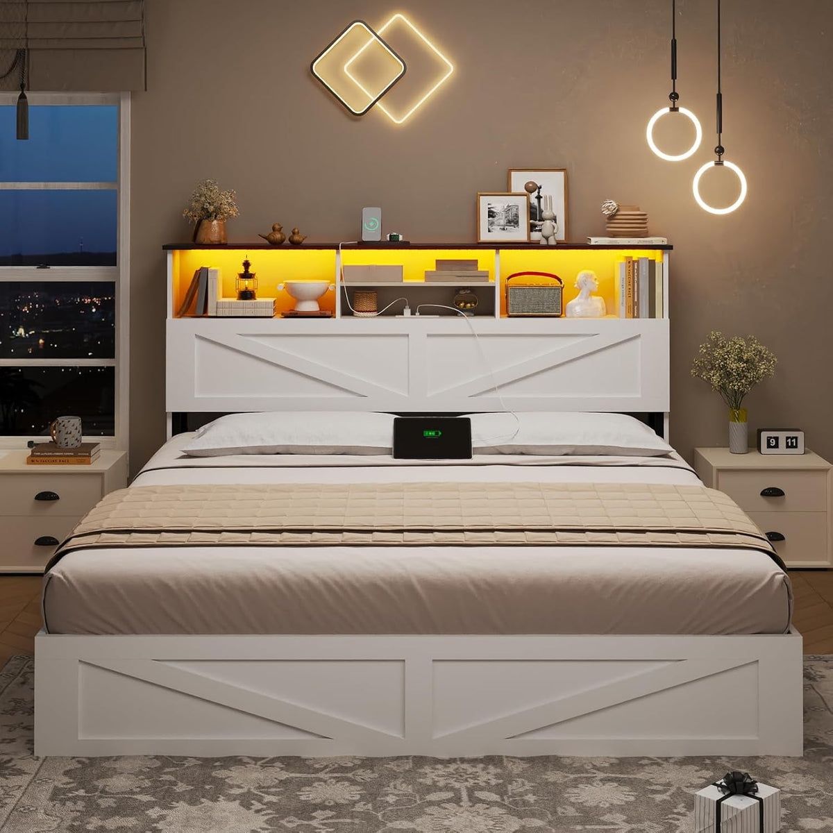 Farmhouse Queen Bed Frame with 4 Storage Drawers and Led Lights, Wooden Bed Frame Queen Size with Hidden Space Bookcase Headboard and Led Lights & Metal Slats, White