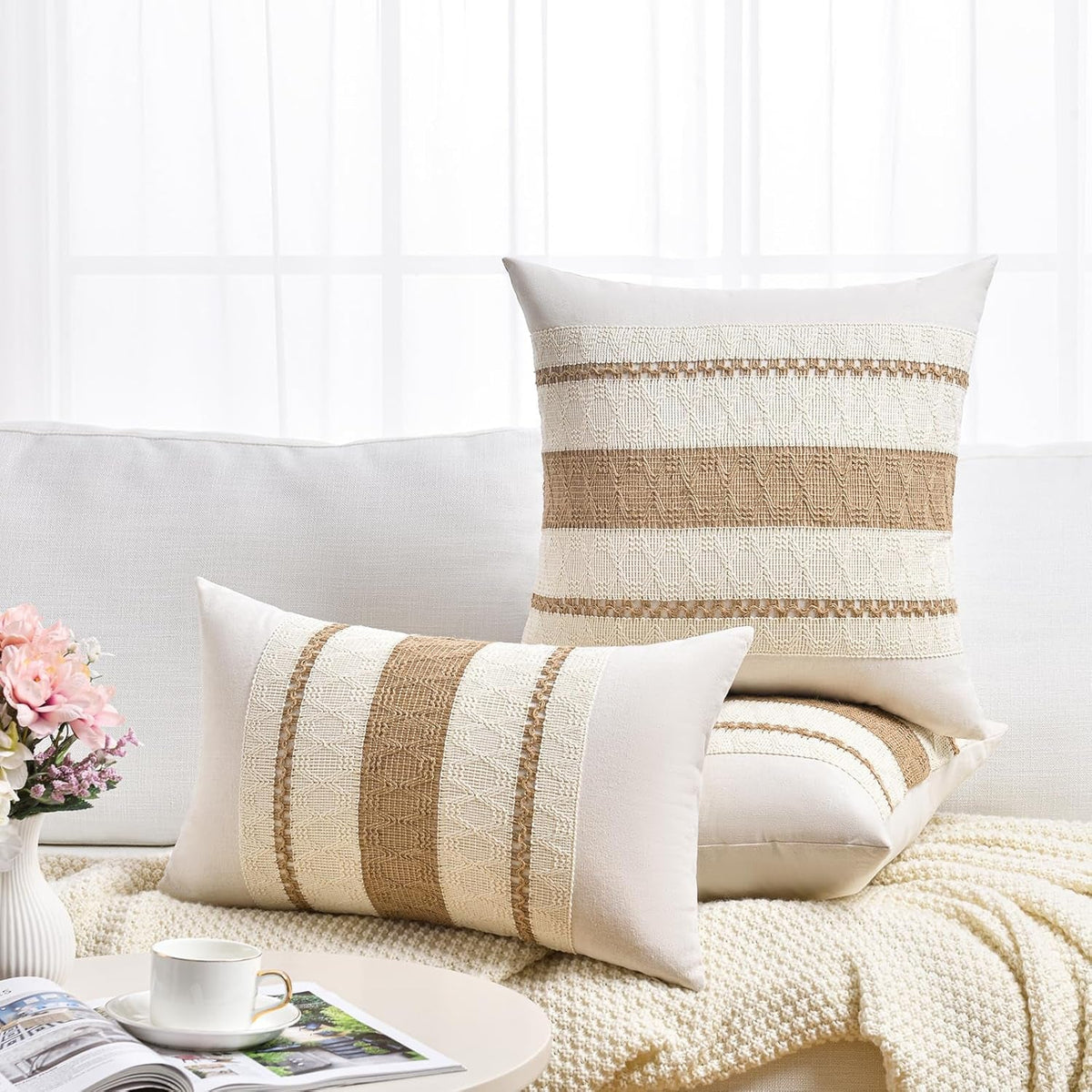 Set of 2 Boho Neutral Decorative Throw Pillow Cover 18X18 Inch for Couch Bed Sofa, Aesthetic Modern Organic Farmhouse Home Decor, Soft Cotton Cute Accent Macrame Woven Tan Cushion Case
