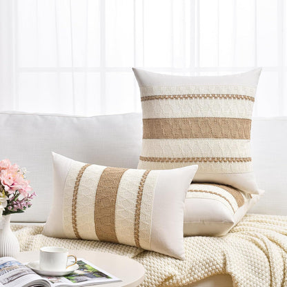 Set of 2 Boho Neutral Decorative Throw Pillow Cover 18X18 Inch for Couch Bed Sofa, Aesthetic Modern Organic Farmhouse Home Decor, Soft Cotton Cute Accent Macrame Woven Tan Cushion Case
