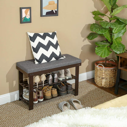 Bamboo Shoe Bench with 3-Tier Rack, Rustic Walnut and Slate Gray