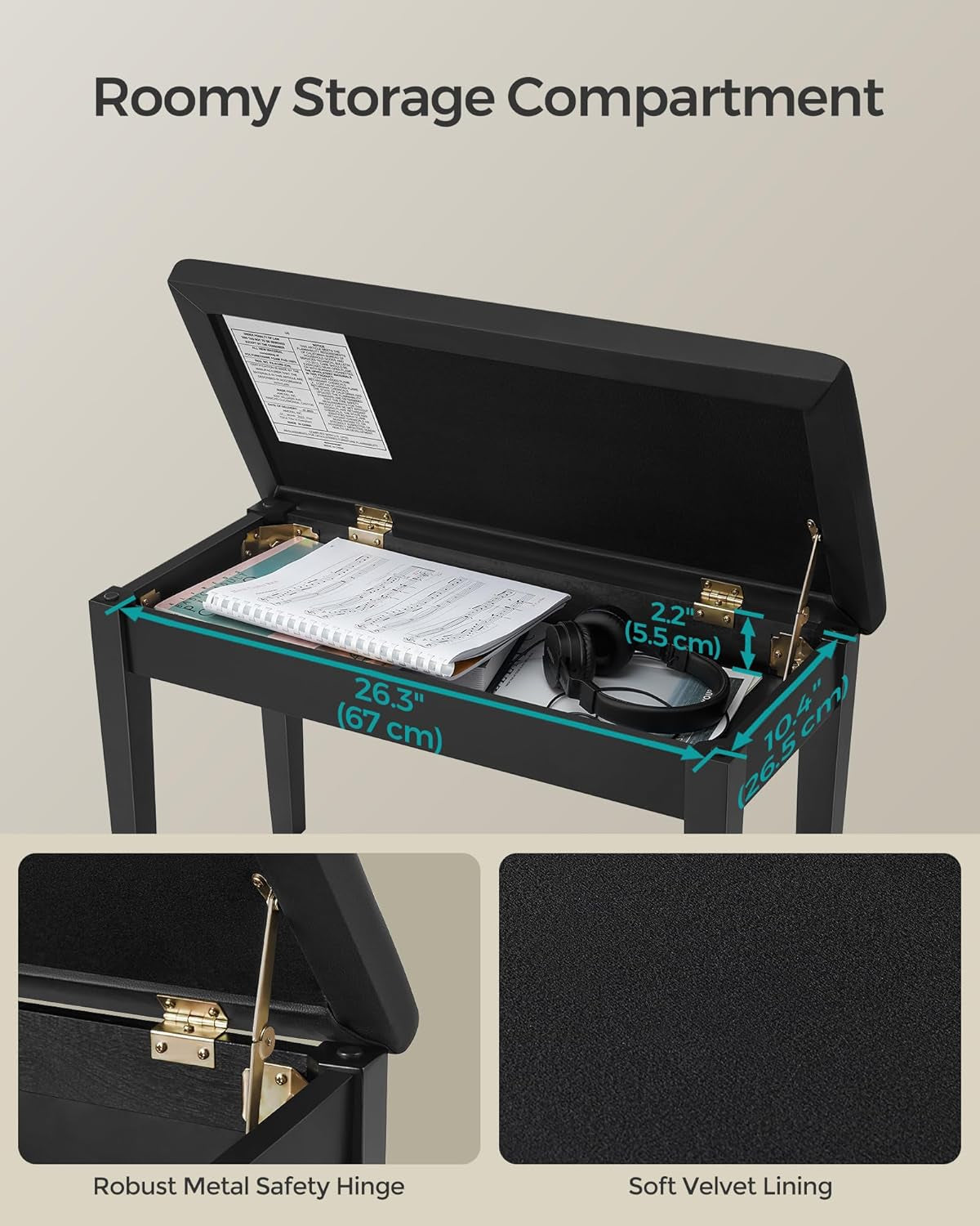 Duet Piano Bench with Padded Cushion and Storage Compartment, Piano Chair Seat, 13.4 X 29.1 X 19.7 Inches, Ink Black ULPB75BK