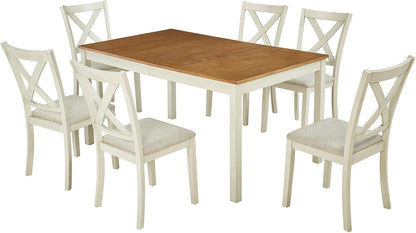 7-Piece Farmhouse Dining Set, 60-Inch Table, Rustic Cream