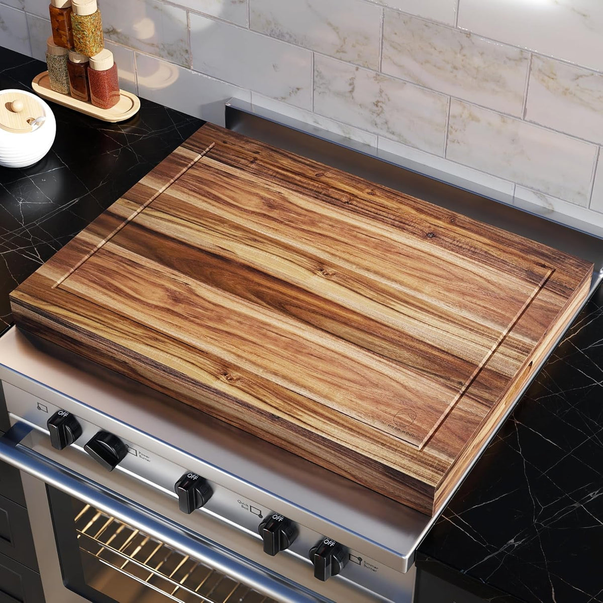 Noodle Board Stove Cover Cutting Board with Handle - Stove Top Cover with Care Brush FSC Certified - Multiuse Gas Stove Cover Board for Serving Chopping Decorating, 30”X22”(Outer) / 28.5”X20.5”(Inner)