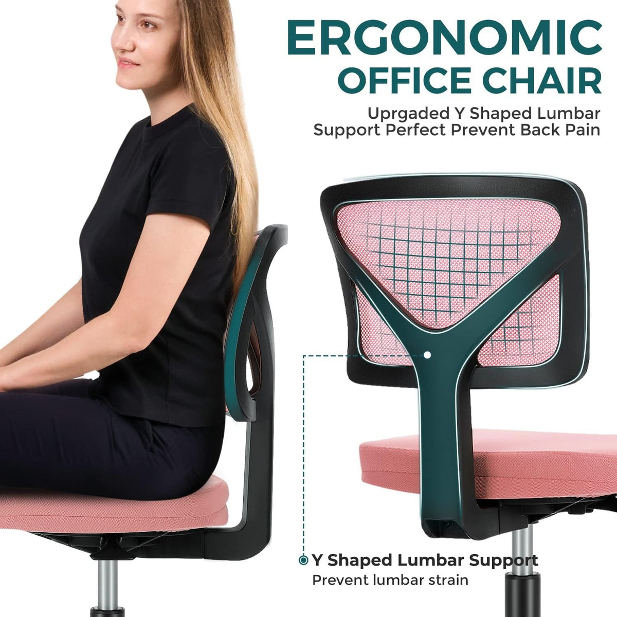 Armless Desk Chairs with Wheels, Ergonomic Adjustable Home Office Swivel Rolling Task Chair No Arms, Comfy Mesh Mid Back Computer Work Vanity Desk Seat for Small Spaces, Green