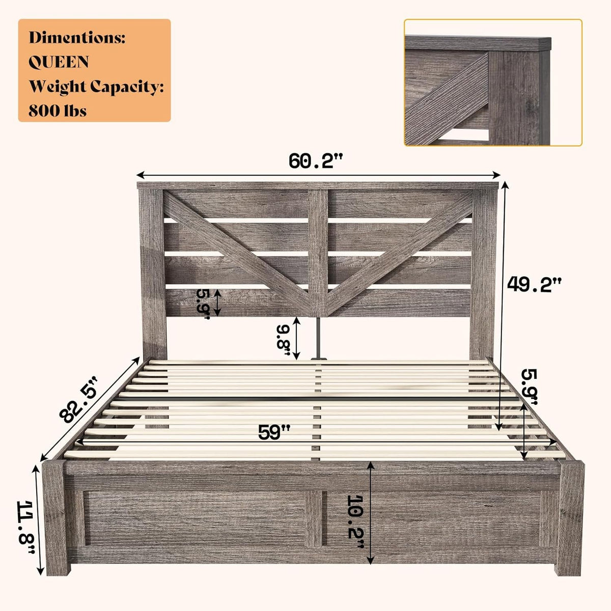 Queen Size Farmhouse Bed Frame with 49.2" Barn Door Headboard, Platform Bed Frame with Wood Slats, under Bed Storage Space, Easy Assembly, Noisy Free, Rustic Gray