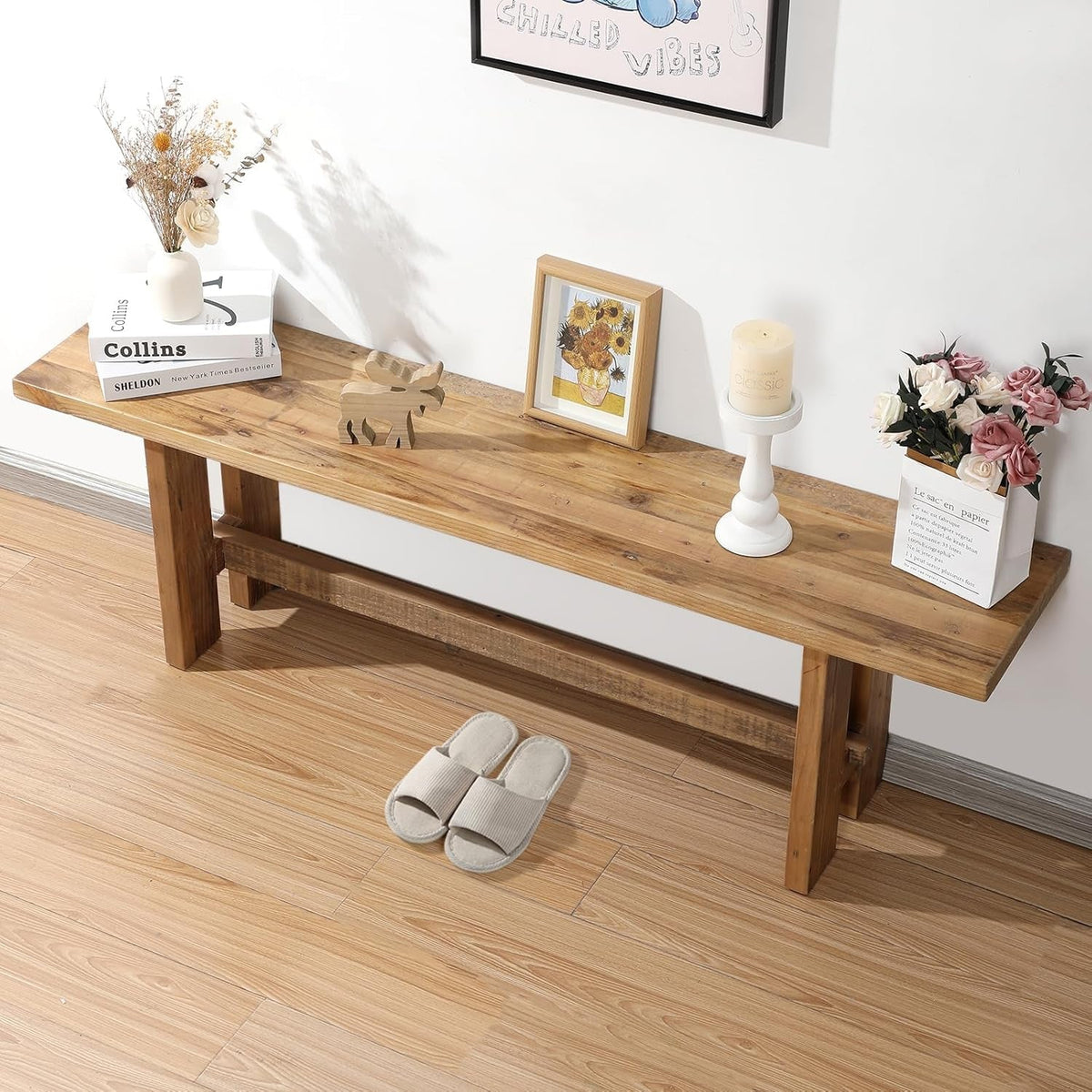 Reclaimed Solid Wood Bench, 55" Farmhouse Entryway Bench for Hallway, Kitchen, Dining, Bedroom, Narrow Indoor Bench with Rustic Charm