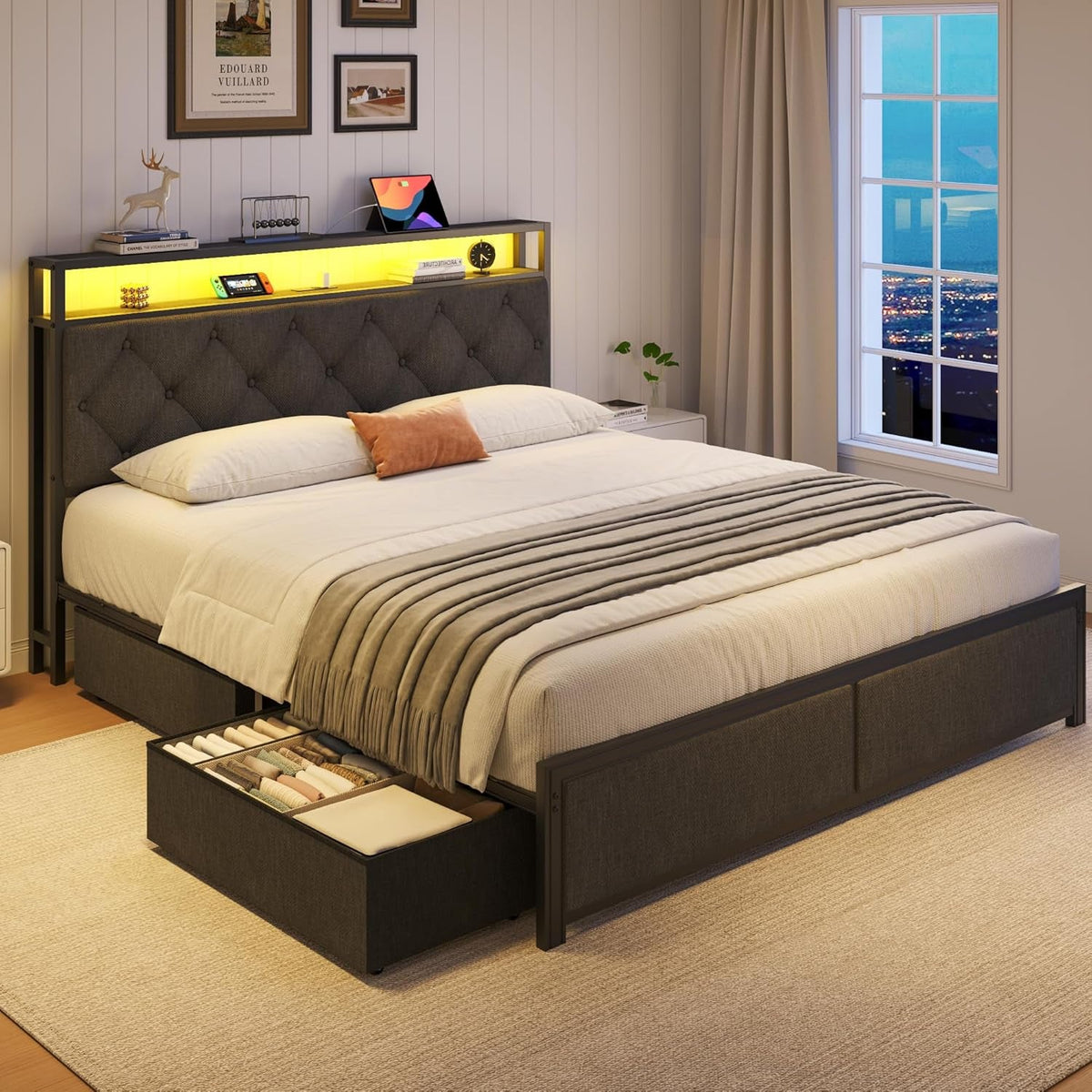 Queen Bed Frame with 4 Drawers, Upholstered Headboard with Storage, Fast Charging Station, LED Lights, Bed Frame Queen Size with Fabric Drawers, No Box Spring Needed, Easy Assembly, Grey