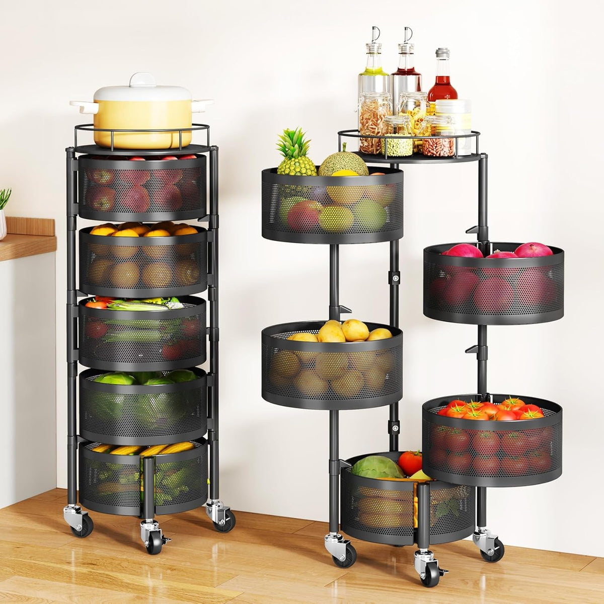 Fruit Vegetable Basket for Kitchen, Rotating Storage Rack, 5 Tier Rolling Cart with Top Lid, Large Metal Wire Wheels, Black