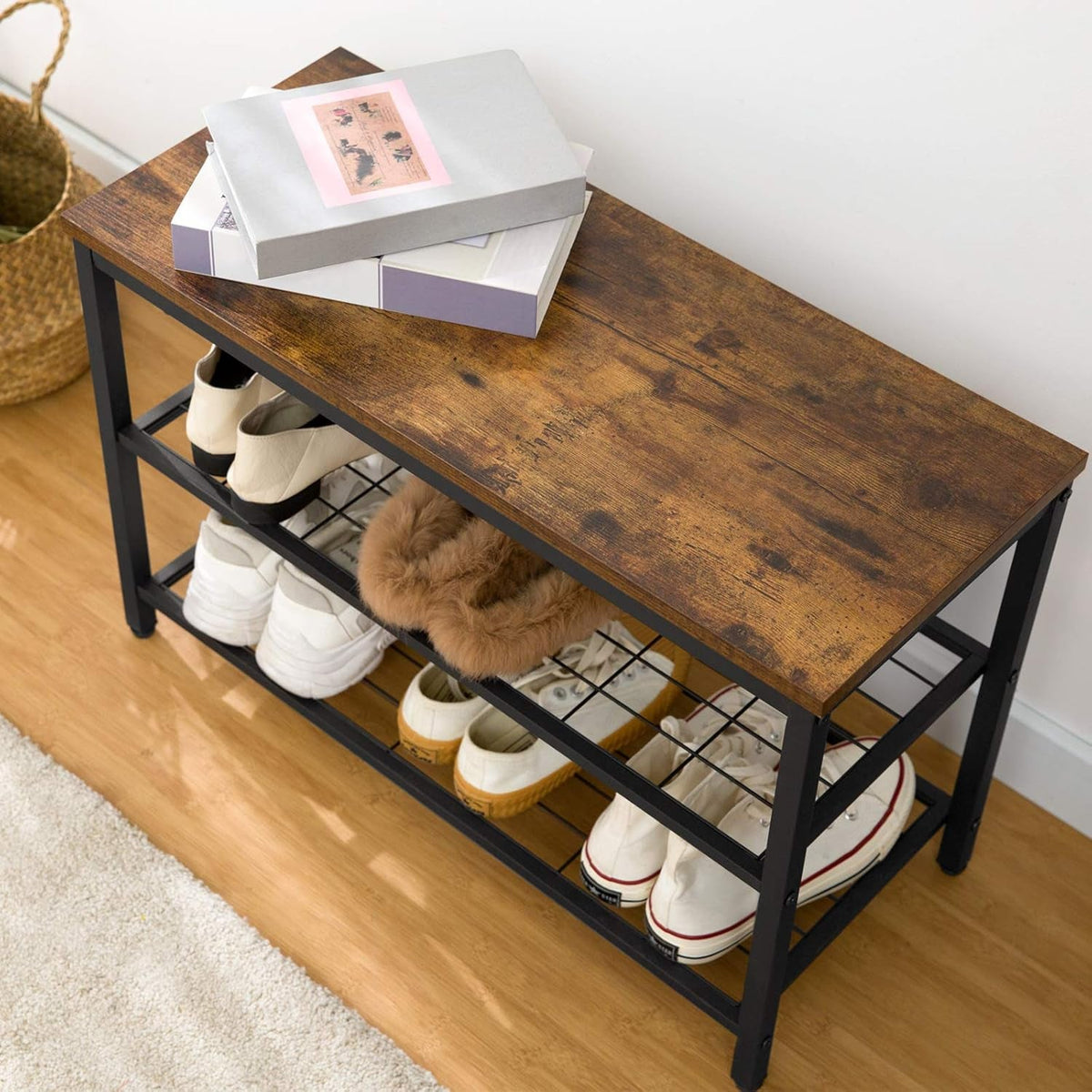 Hall Tree with Bench, Coat Rack Shoe Bench Set, Entryway Shoe Rack with Coat Hooks, Hall Tree Coat Rack, Mud Room, Industrial, for Foyer, Front Door, Rustic Brown BF07MT01