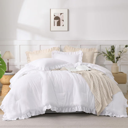 Comforter Full Size Set White, 3 Pieces Ruffle Farmhouse Shabby Chic Gift Full Comforter Set, Soft Lightweight Fluffy All Season Room Decor Bed Set for Girls Women Teens Daughter