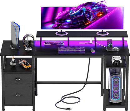 51" Gaming Desk with Power Outlets & LED Lights, Reversible Computer Desk with File Cabinet & Monitor Stand for Home Office, Large Work Table with Storage Shelves & Drawer, Black