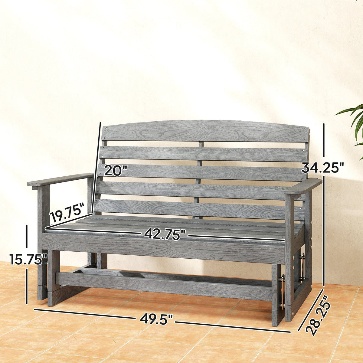 Patio Glider Bench w/ HDPE Slatted Double Rocking Chair, Distressed Gray