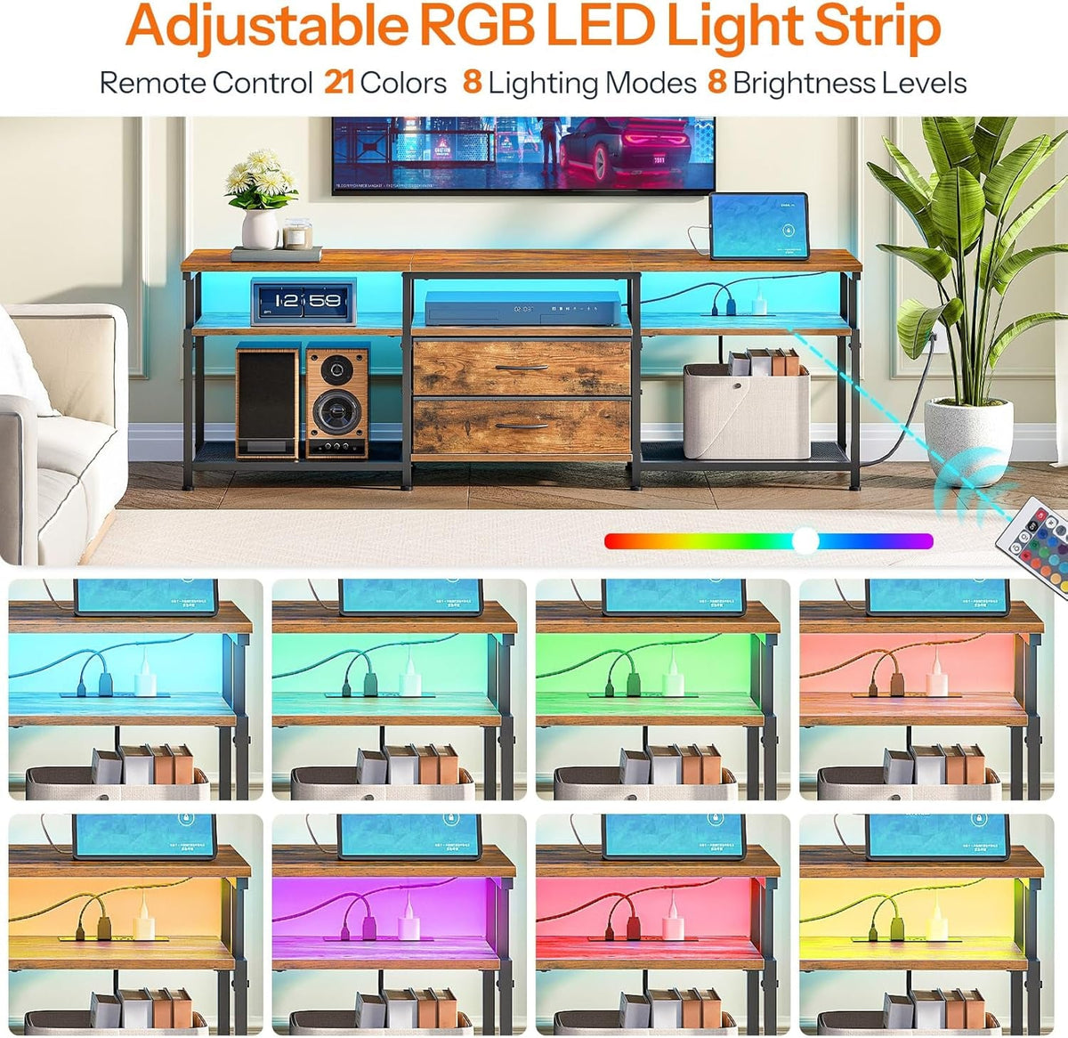TV Stand with Power Outlet and LED Light, Entertainment Center for Tvs up to 75 Inch, Modern Media Console Table with 2 Non-Woven Drawers, for Living Room, Bedroom, Rustic Brown BF55UDDS01
