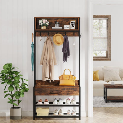 3-In-1 Entryway Hall Tree with Drawer, Vintage Industrial Coat Rack with Shoe Bench and Hutch, Mudroom Bench with Shoe Storage Rack and 9 Hooks for Living Room Bedroom (Brown)