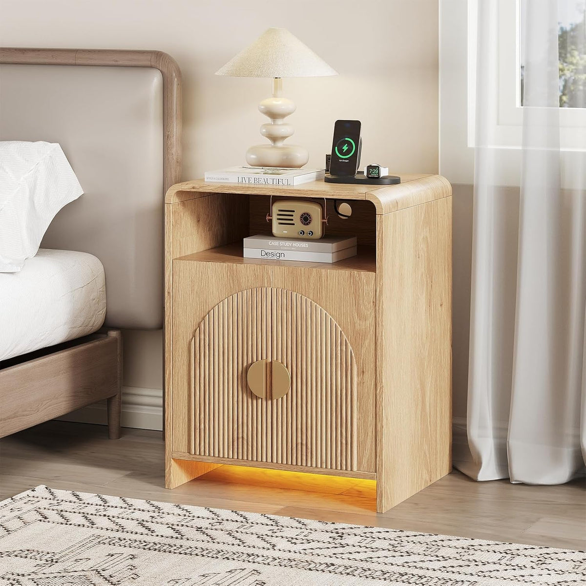 Nightstand with Charging Station and LED Lights, Night Stands with Adjustable Storage Cabinet, Modern Side Table with Fluted Doors and Open Storage, Bedside Table for Bedroom, Natural