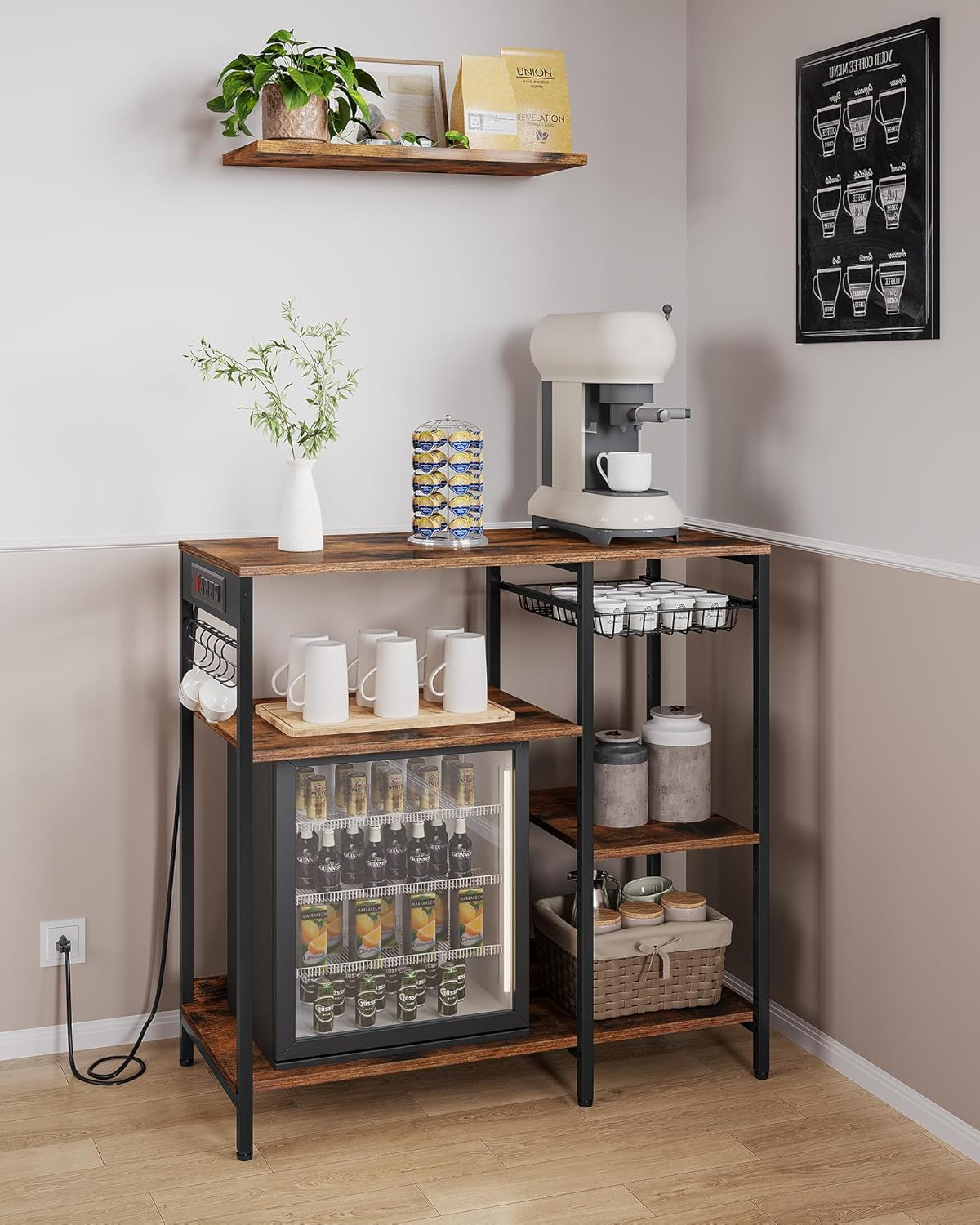 Baker'S Rack, Coffee Bar Stand with Charging Station, 35.6 Inches Tall, Storage Shelves, Pull-Out Wire Basket, Table for Microwave, Kitchen, Rustic Brown and Ink Black UKKS036K01