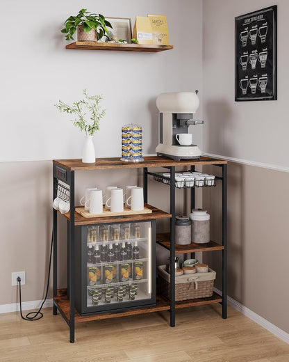 Baker'S Rack, Coffee Bar Stand with Charging Station, 35.6 Inches Tall, Storage Shelves, Pull-Out Wire Basket, Table for Microwave, Kitchen, Rustic Brown and Ink Black UKKS036K01