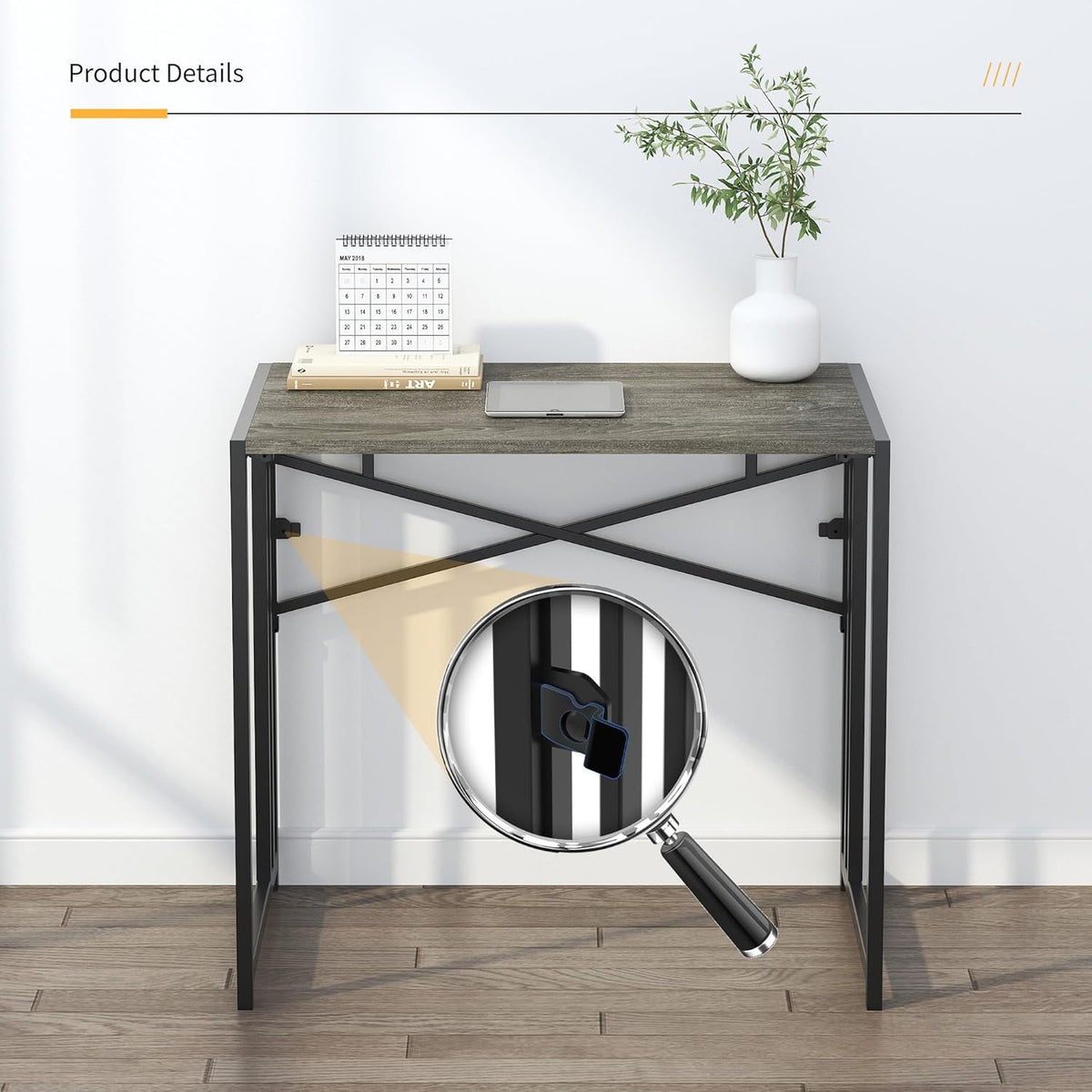 32 Inch Folding Small Desk, Writing Gaming Computer Camping Desk for Small Spaces, No Assembly Required Home Office Desk, Mahogany