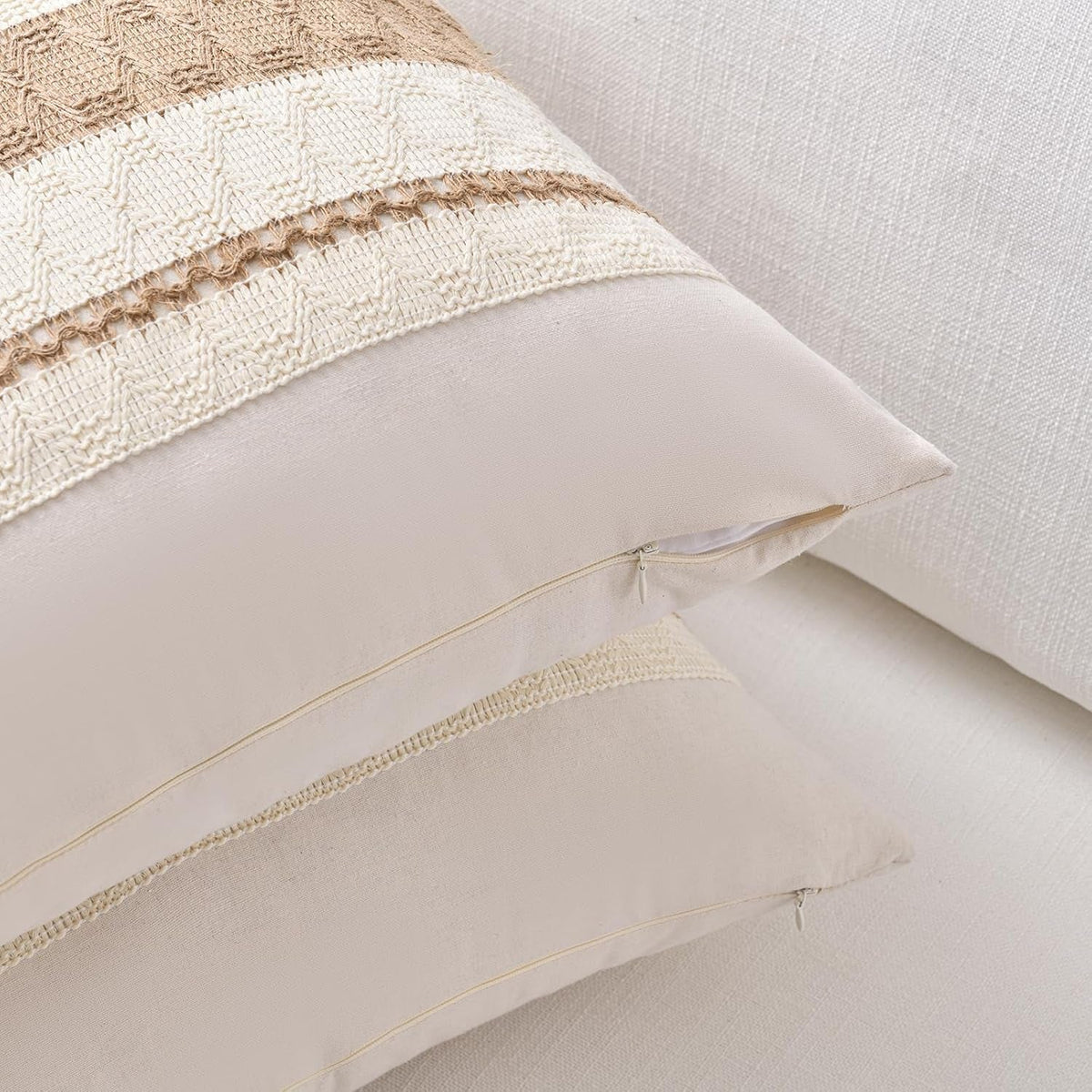 Set of 2 Boho Neutral Decorative Throw Pillow Cover 18X18 Inch for Couch Bed Sofa, Aesthetic Modern Organic Farmhouse Home Decor, Soft Cotton Cute Accent Macrame Woven Tan Cushion Case