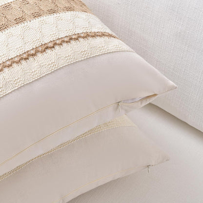 Set of 2 Boho Neutral Decorative Throw Pillow Cover 18X18 Inch for Couch Bed Sofa, Aesthetic Modern Organic Farmhouse Home Decor, Soft Cotton Cute Accent Macrame Woven Tan Cushion Case