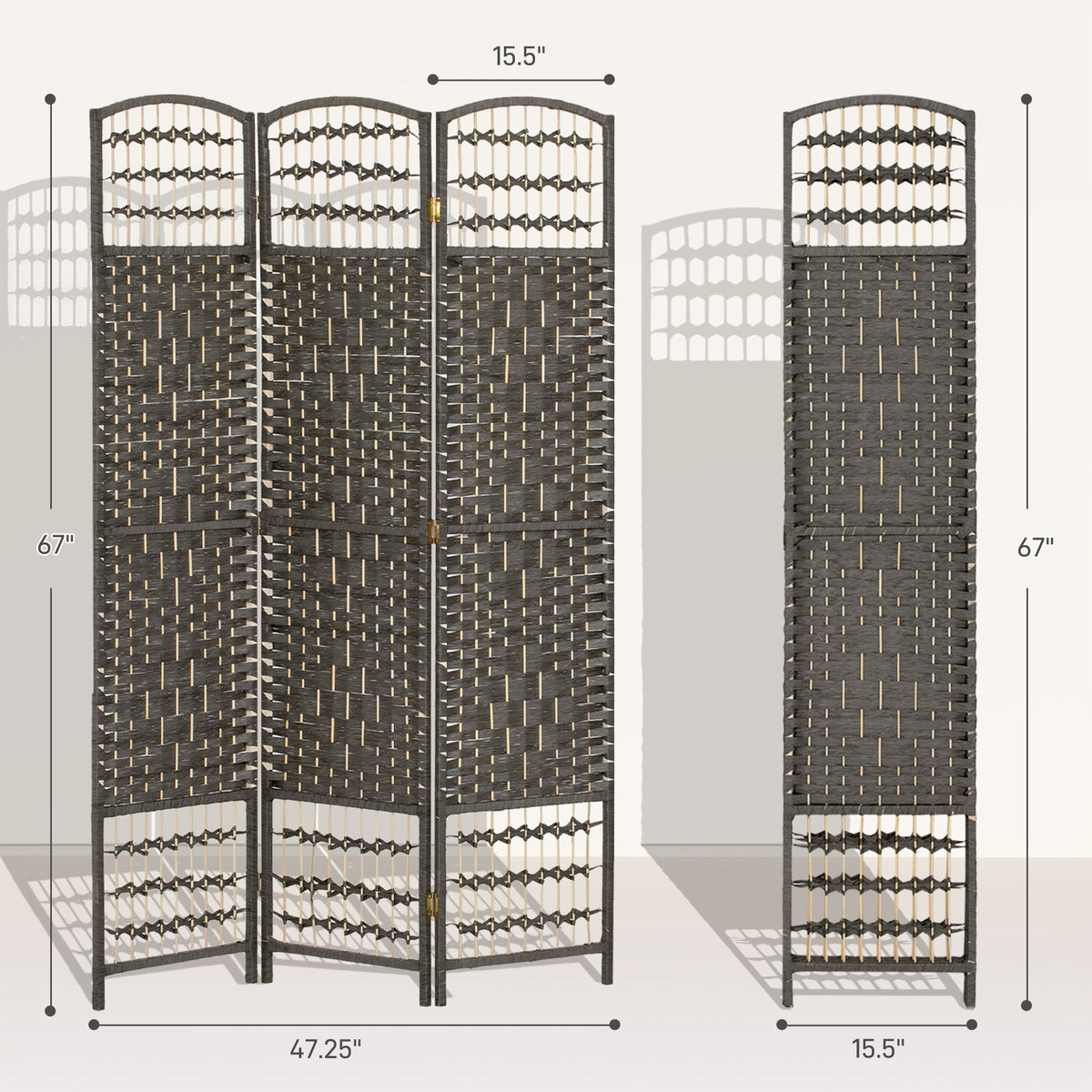3 Panel Folding Room Divider Portable Privacy Screen Wave Fiber Room Partition for Home Office Dark Gray