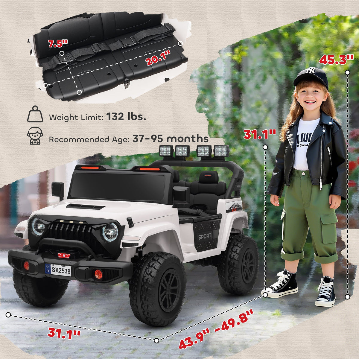 Ride on Truck Car with 2-Seater, 24V Electric Car with 4 Motors, Remote Control, Spring Suspension for 3-8 Years, White