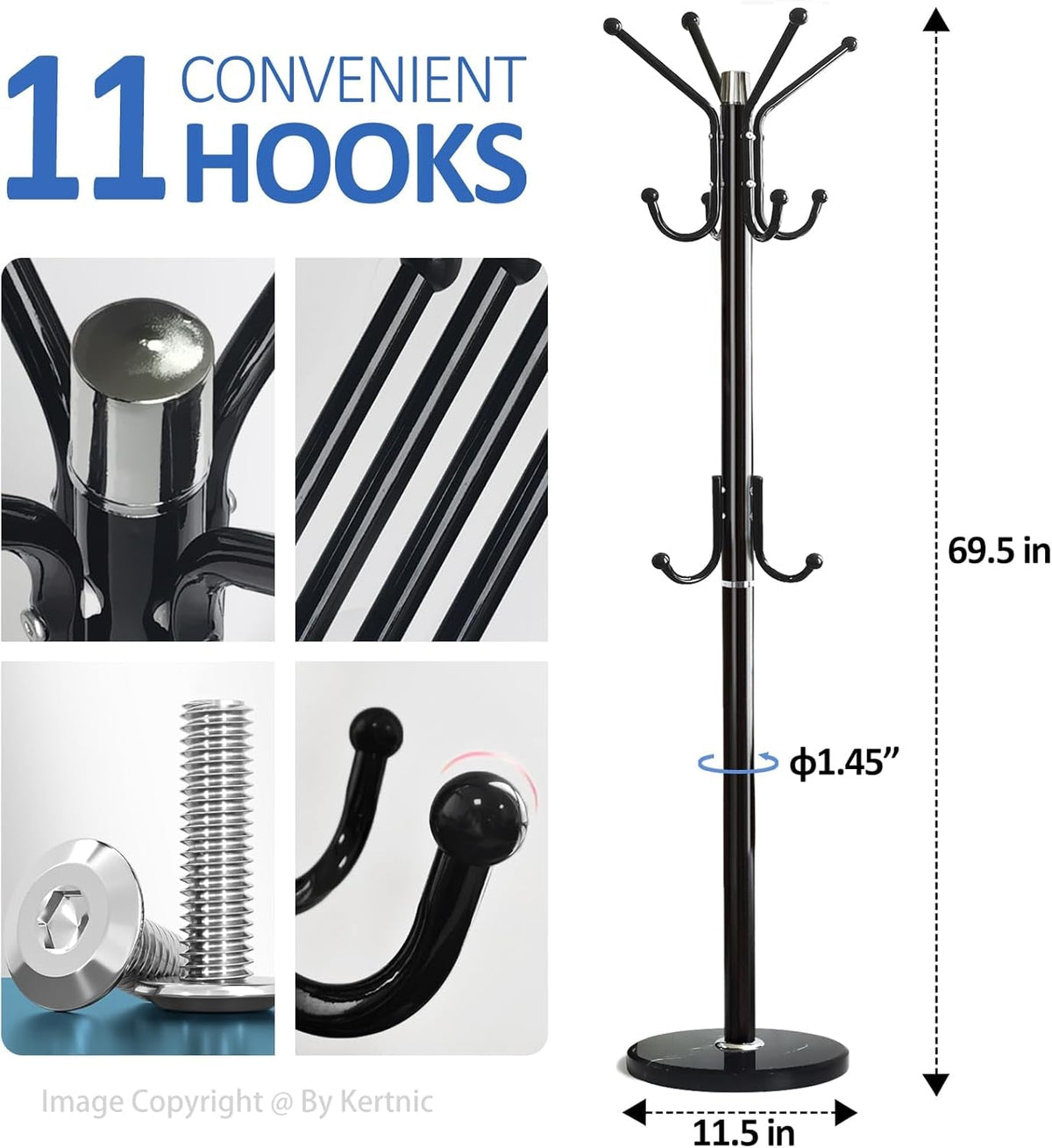 Modern Coat Rack Freestanding with Natural Marble Base & Sturdy Metal Frame, 11 Hooks Hall Tree for Jackets, Hats, Bags, Entryway Organizer for Bedroom, Living Room, Closet (11 Hooks-Black)