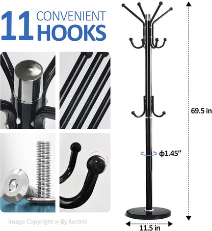 Modern Coat Rack Freestanding with Natural Marble Base & Sturdy Metal Frame, 11 Hooks Hall Tree for Jackets, Hats, Bags, Entryway Organizer for Bedroom, Living Room, Closet (11 Hooks-Black)