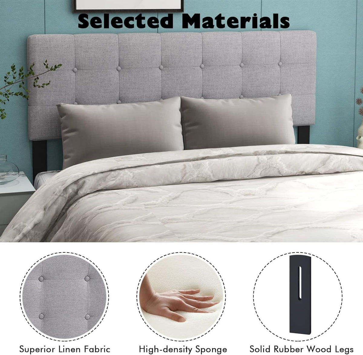 Linen Upholstered Headboard, Adjustable Width Button Tufted Headboard Only with Solid Wood Legs, Attach Frame, Rectangular Headboard for Queen Full Size Bed, Gray