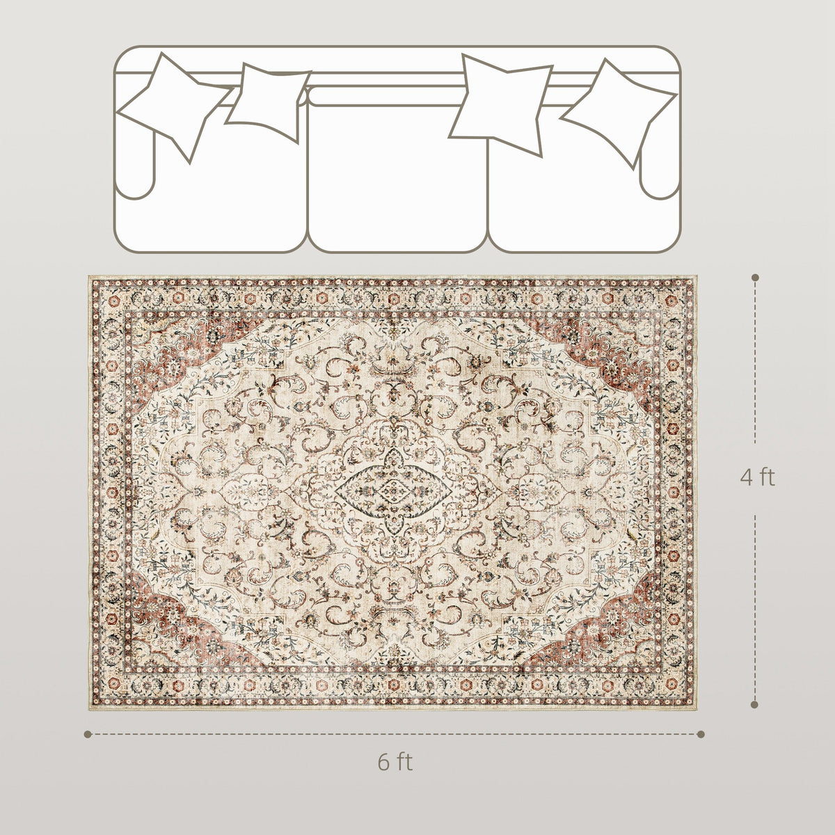 Area Rug 4x6, Machine Washable Rug, Non-Slip Classical Floral Print Floor Carpet for Living Room, Bedroom, Mixed-Brown