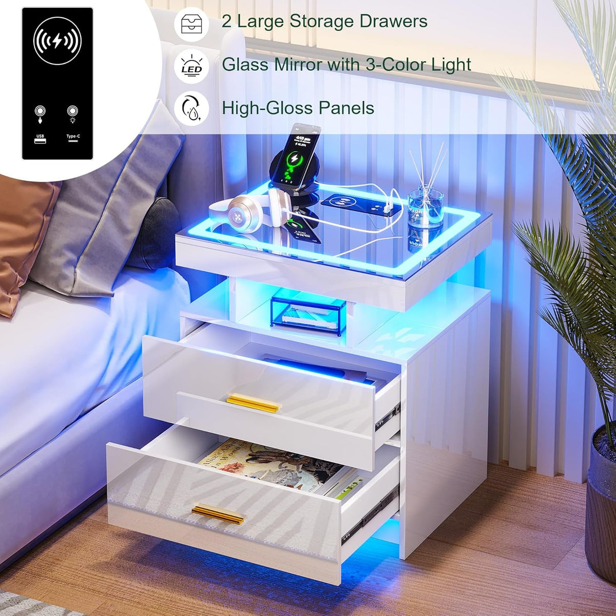 Auto LED Nightstand Set of 2, White Night Stand with Charging Station & USB Ports, High Gloss Bedside Table Has 2 Drawers,Modern End Side Table for Bedroom (White)