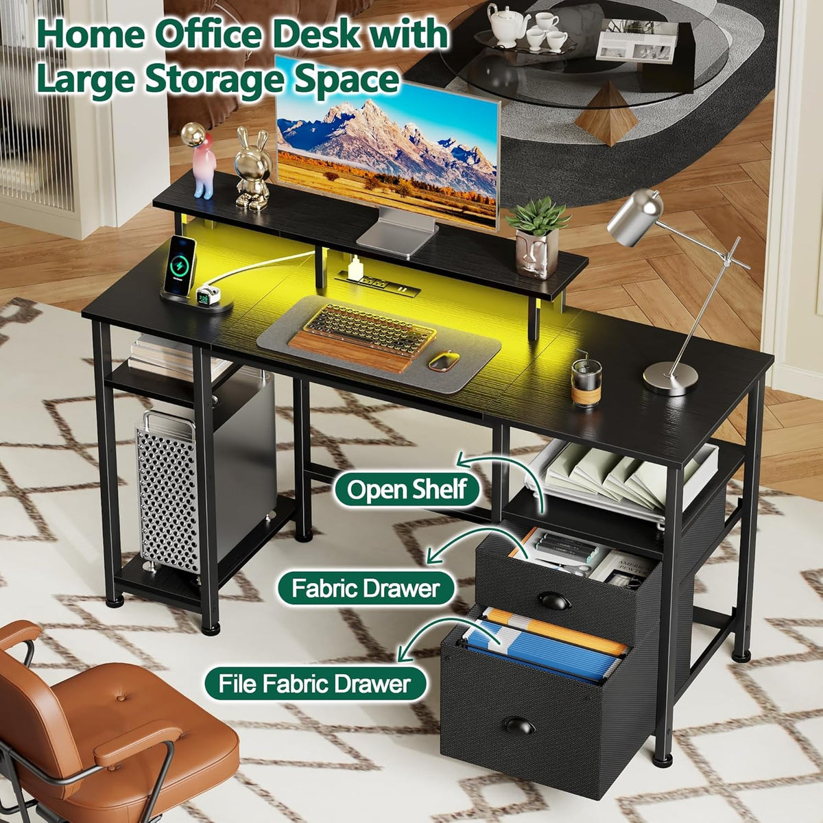 51" Gaming Desk with Power Outlets & LED Lights, Reversible Computer Desk with File Cabinet & Monitor Stand for Home Office, Large Work Table with Storage Shelves & Drawer, Black