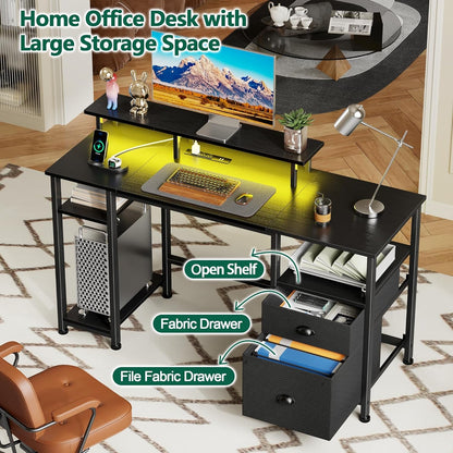 51" Gaming Desk with Power Outlets & LED Lights, Reversible Computer Desk with File Cabinet & Monitor Stand for Home Office, Large Work Table with Storage Shelves & Drawer, Black