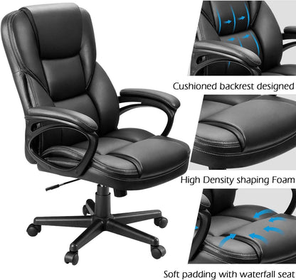 Office Executive Chair High Back Adjustable Managerial Home Desk Chair, Swivel Computer PU Leather Chair with Lumbar Support (Black)