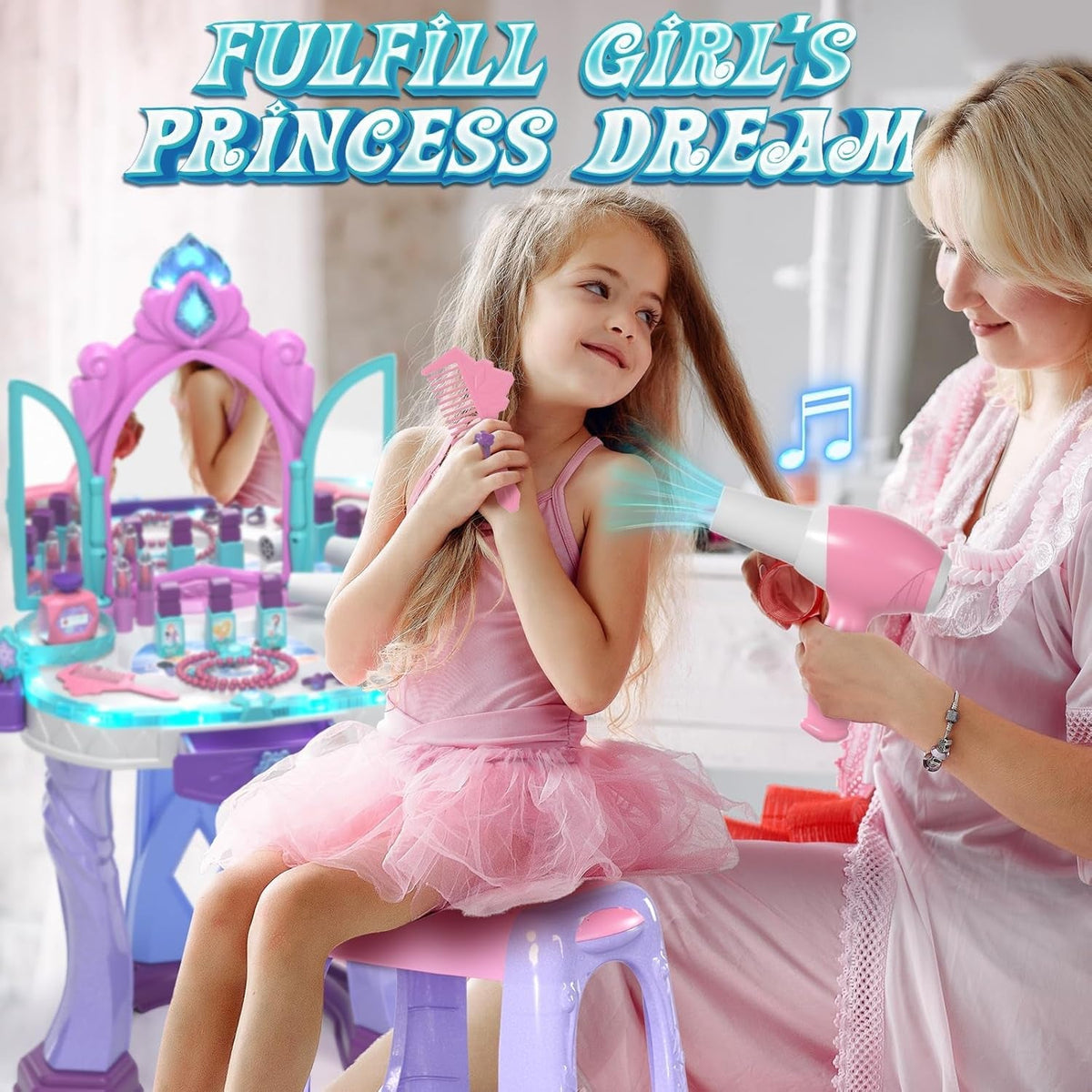 Kids Vanity Table and Chair Set, Girls Makeup Table with Mirror Stool Lights Music, Toddler Pretend Play Vanity Set for Princess Dress Up, Girl Toys Gifts for Age 3 4 5 Years Old