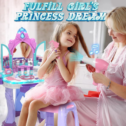 Kids Vanity Table and Chair Set, Girls Makeup Table with Mirror Stool Lights Music, Toddler Pretend Play Vanity Set for Princess Dress Up, Girl Toys Gifts for Age 3 4 5 Years Old