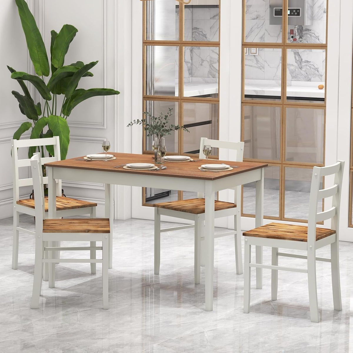 5-Piece Dining Set for 4, Solid Wood Rectangular Table & 4 Chairs Wtih Rubber Wood Legs, Kitchen Table and Chairs Set for Small Spaces Dinette Dining Room Restaurant (Rustic Brown)