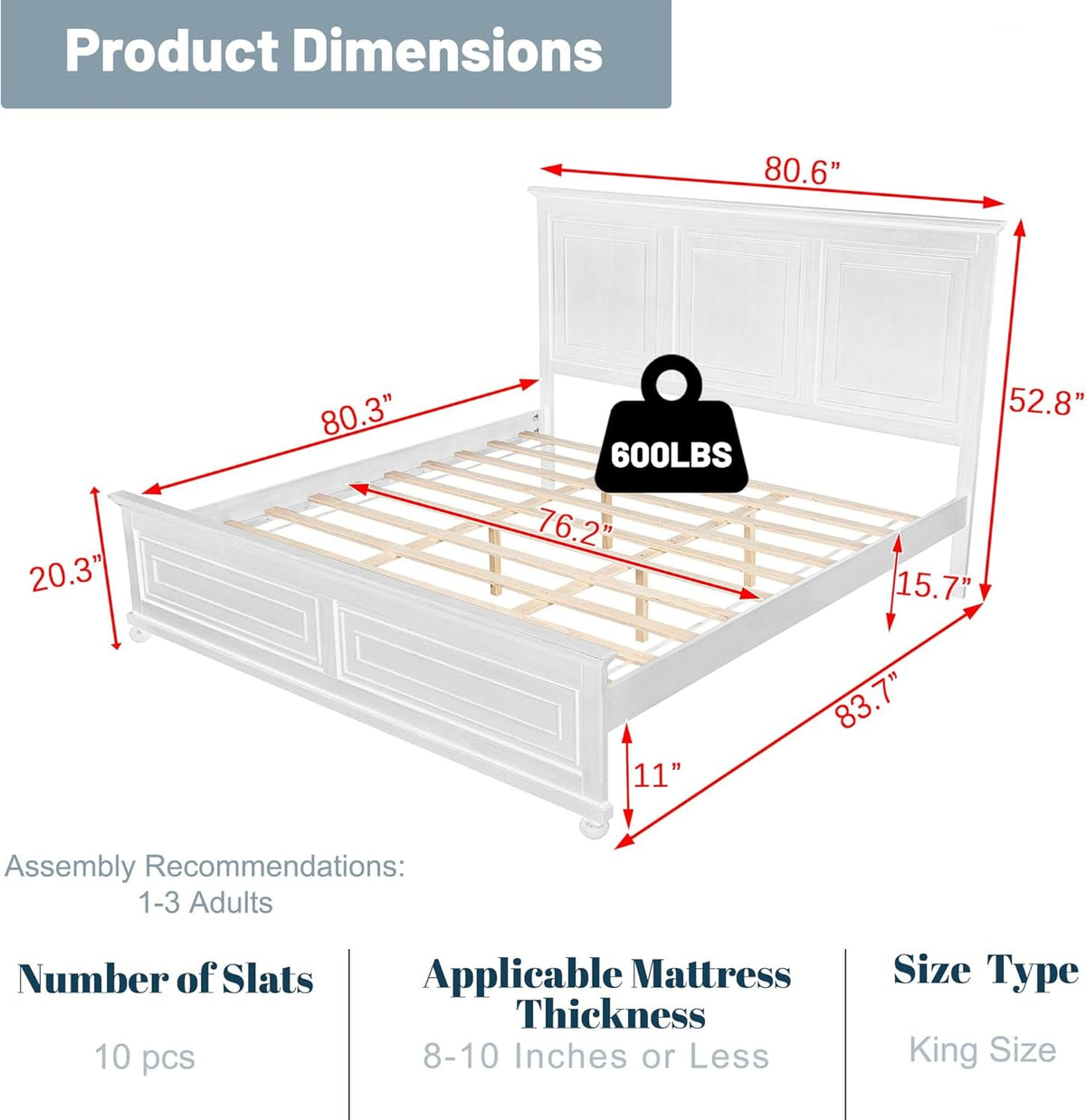 King Size Bed Frame Farmhouse Style, Tall Headboard King Bed Frame with Footboard, Pinewood Antique Beds, Farmhouse Style, Noise-Free, No Box Spring Needed, White