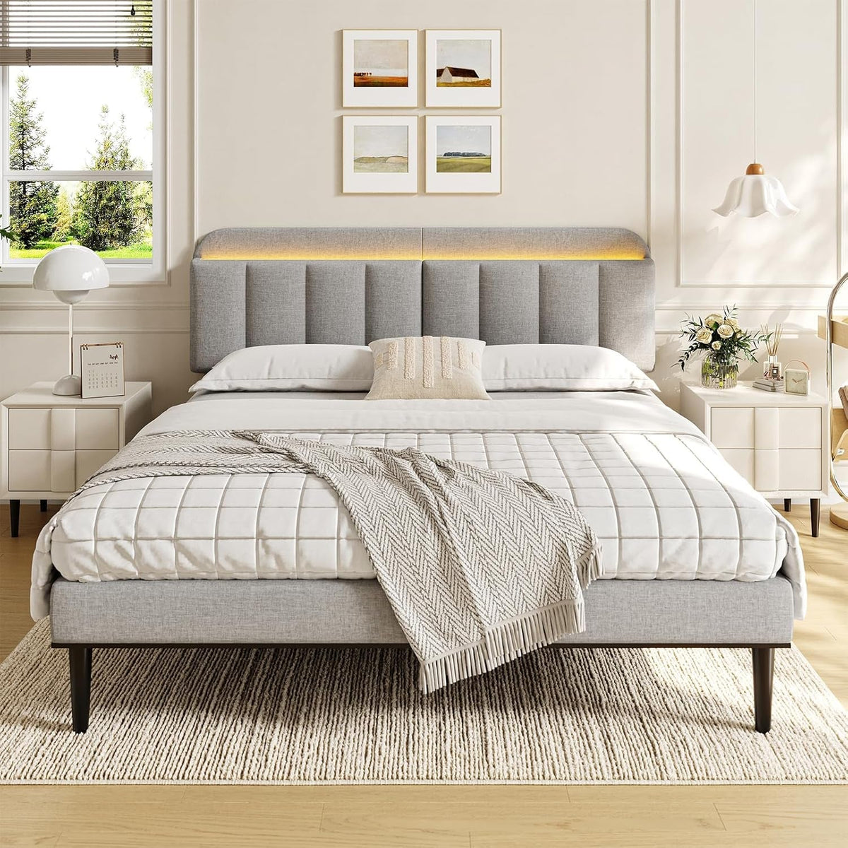 Adjustable Headboard for King/California King Size Bed Frame, Linen Fabric Bed Headboard with Storage & RGB LED Light in Modern Vertical Channel Design, Light Grey