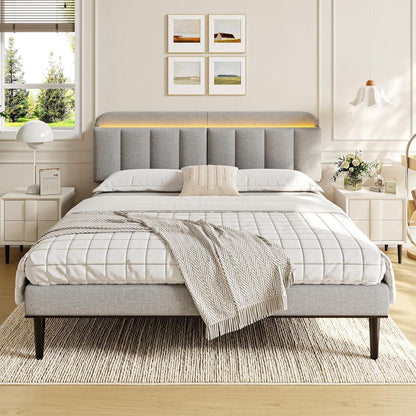 Adjustable Headboard for King/California King Size Bed Frame, Linen Fabric Bed Headboard with Storage & RGB LED Light in Modern Vertical Channel Design, Light Grey