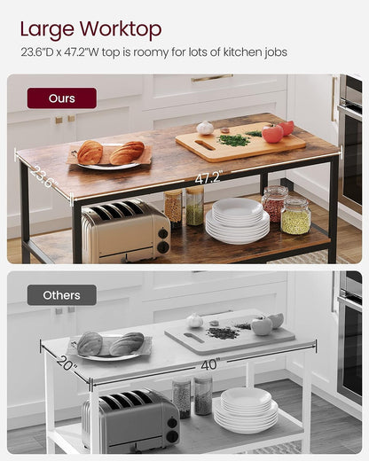 Kitchen Island with 3 Shelves, 47.2 Inches Width Kitchen Shelf with Large Worktop, Stable Steel Structure, Industrial, Easy to Assemble, Rustic Brown and Black UKKI01BX