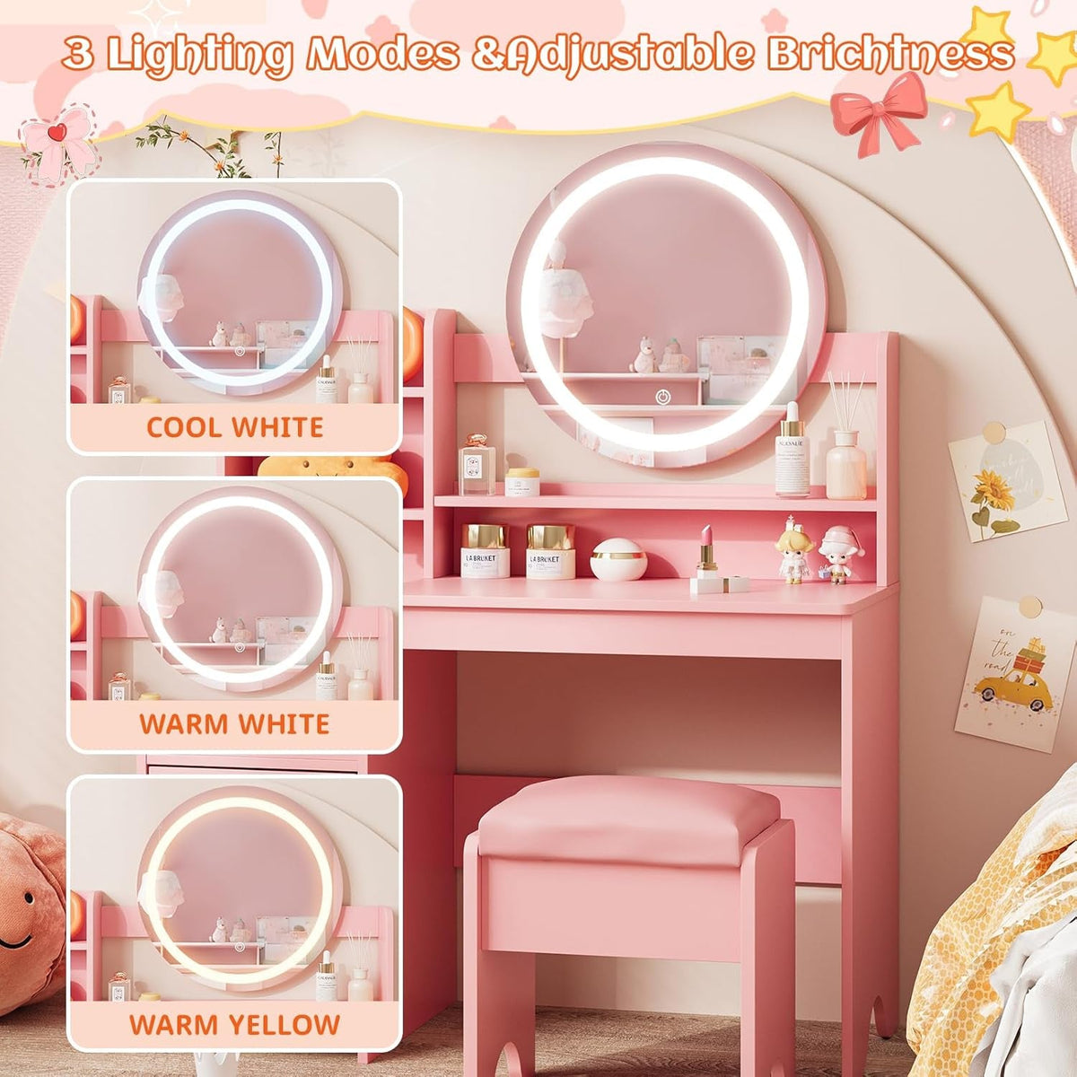 Kids Vanity with Lights, Princess Makeup Vanity Desk with Open Bookshelf, Storage Cabinet & Shelves, Toddler Vanity Table and Chair Set, Pretend Play Vanity Set for Little Girls, Pink