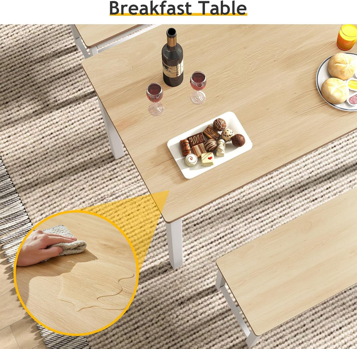 43" Dining Table Benches Set for 4, Modern Space Saving Kitchen Table Chairs & Adjustable Feet Breakfast Table 2 Benches, Wooden Industrial Style Farmhouse, White