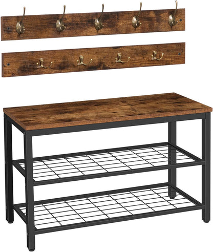 Hall Tree with Bench, Coat Rack Shoe Bench Set, Entryway Shoe Rack with Coat Hooks, Hall Tree Coat Rack, Mud Room, Industrial, for Foyer, Front Door, Rustic Brown BF07MT01