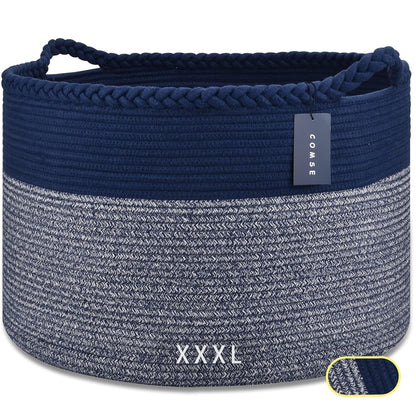 Extra Large Blanket Basket, Woven Laundry Basket, 21.7”X 13.8”, Nursery Hamper, Cotton Rope Laundry Hamper Living Room for Storage Toys Clothes Towels (Navy Blue)