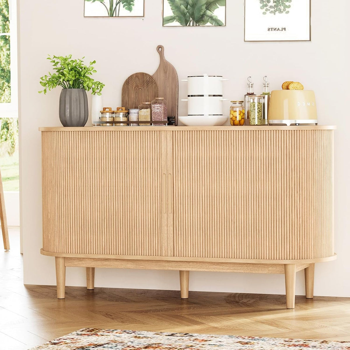 Sideboard Buffet Cabinet with Storage, 55" Fluted Coffee Bar Cabinet with Tambour Sliding Doors and Drawer, Mid Century Modern Wood Storage Buffet Table for Kitchen, Living Room, Oak