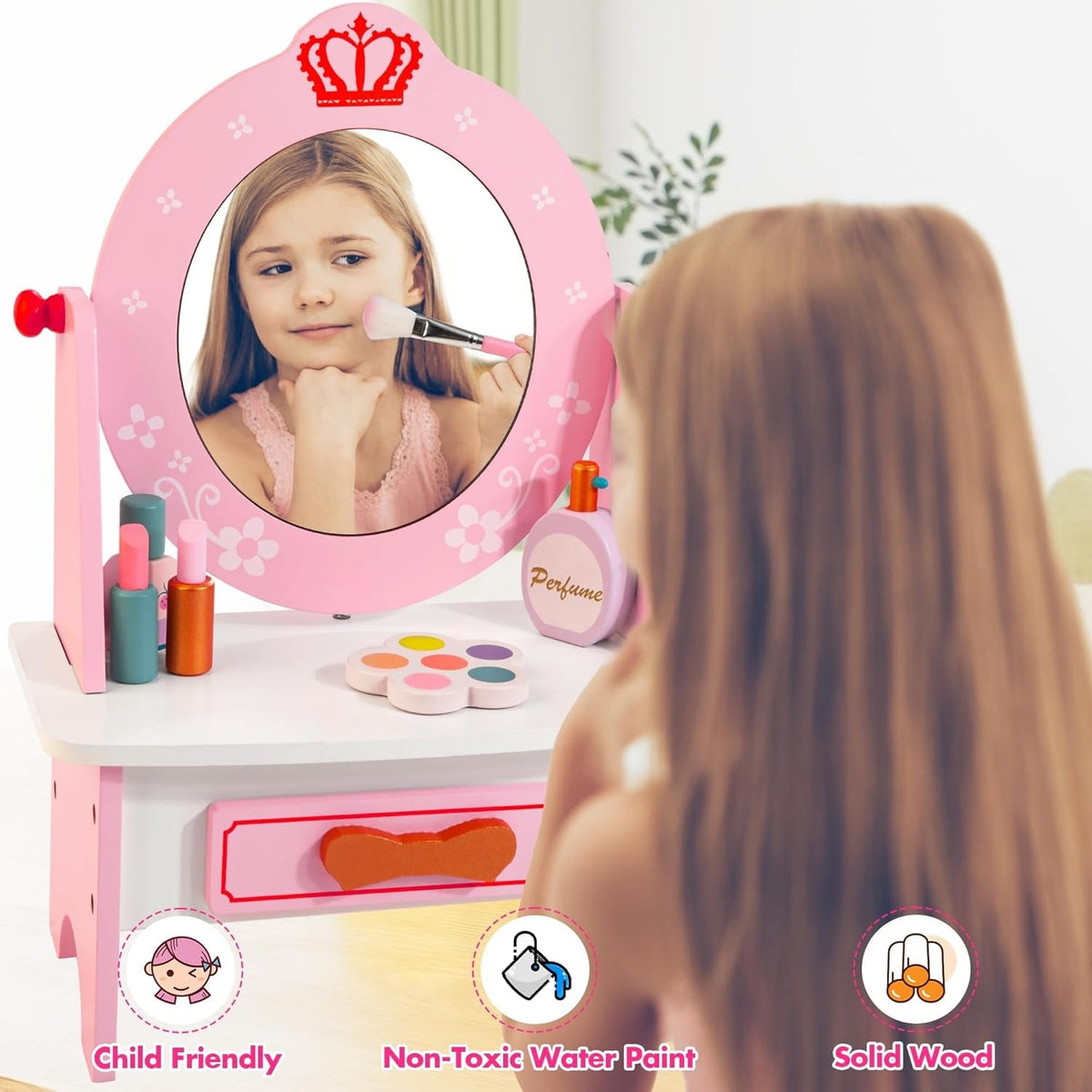 Wooden Vanity Set for Kids, Pretend Play Toddler Makeup Vanity with Acrylic Mirror, Beauty Salon Play Set for Little Girls Age 3+, Toys Gifts Includes Makeup Accessories and Bonus Stickers